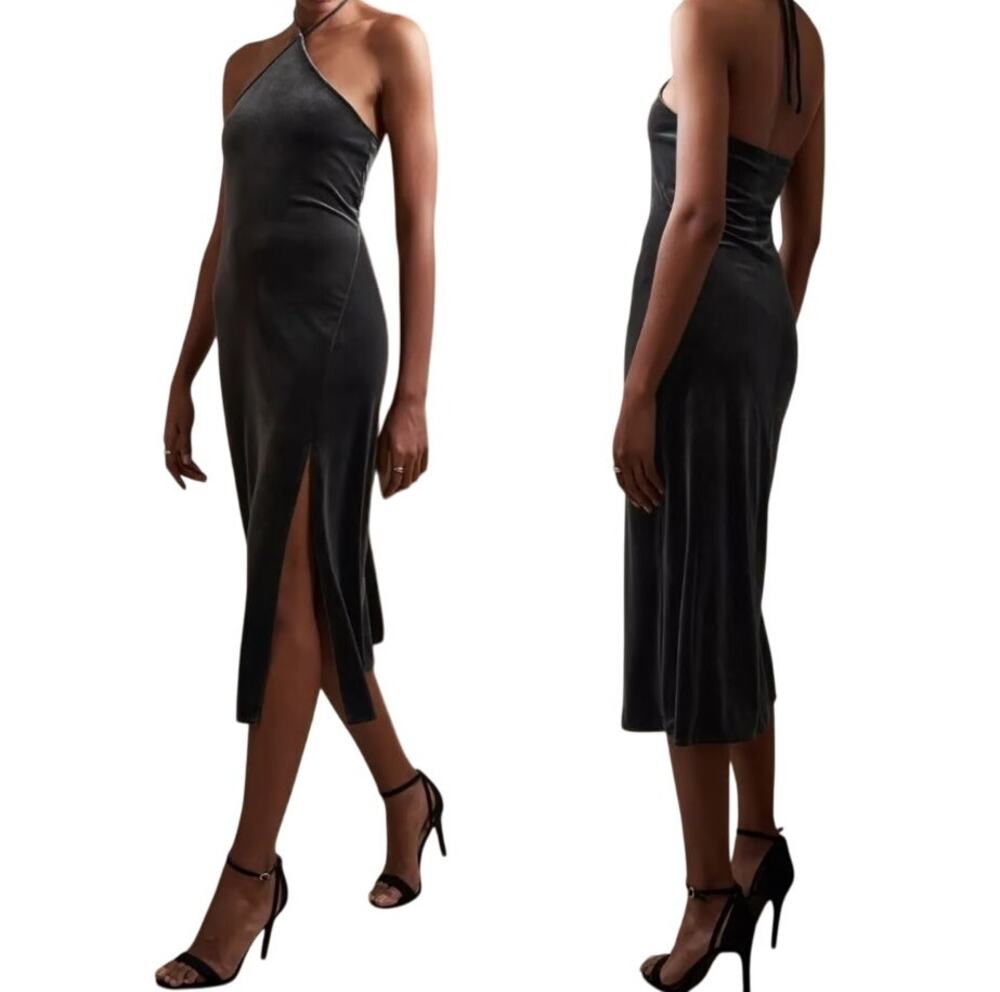 Banana Republic Velvet Midi Dress Halter Y Neck Side Slit Luxe Slate Gray NEW XS